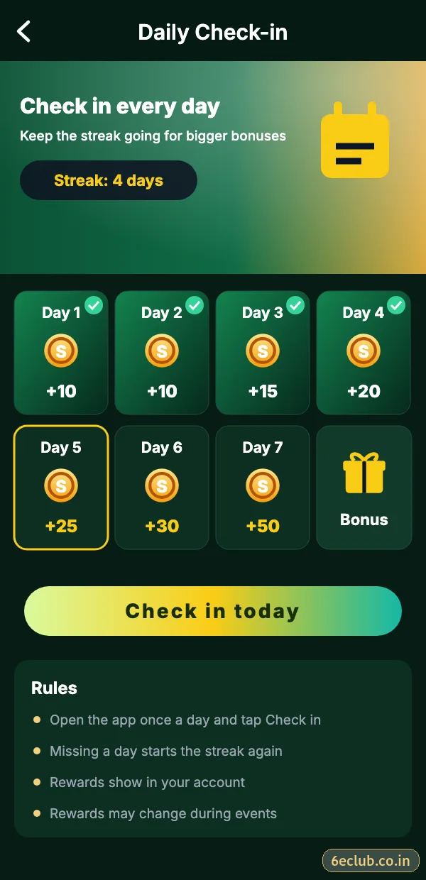 6E Club daily check-in