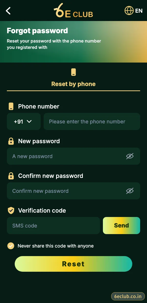 6E Club forgot password screen